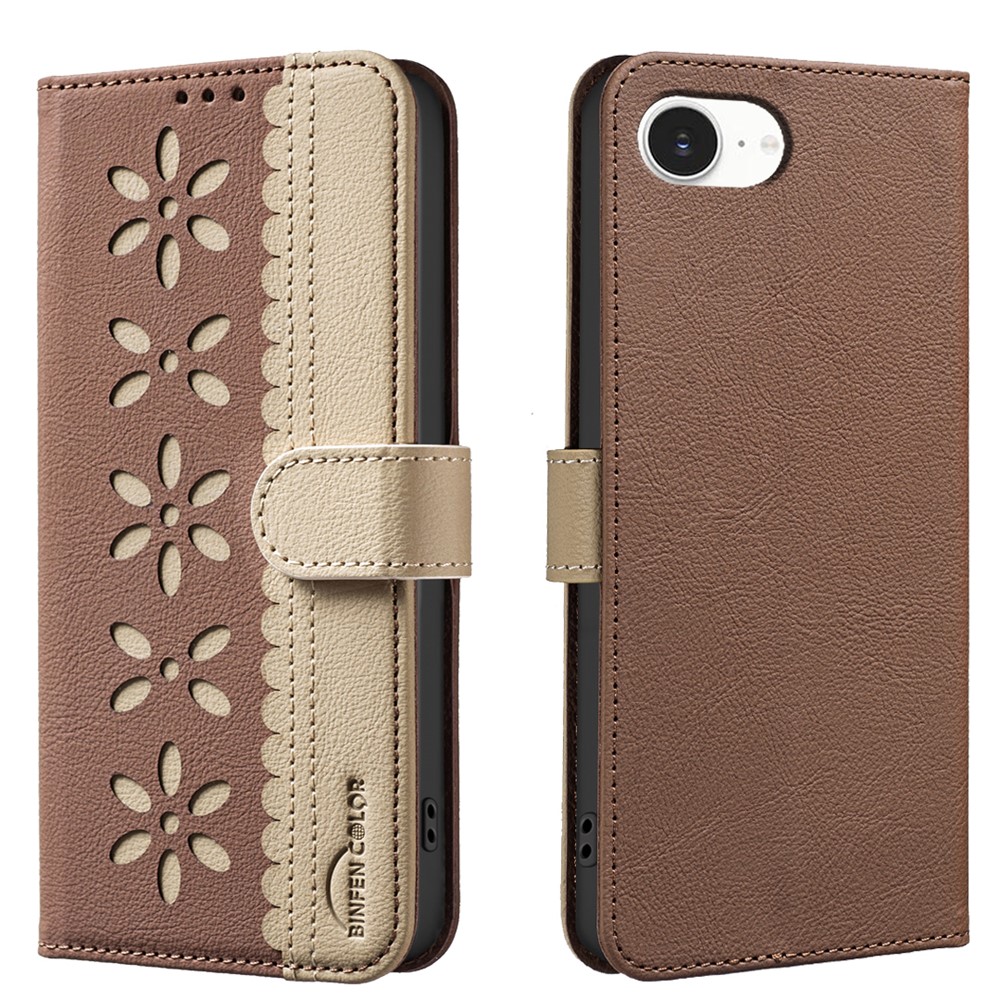 For iPhone 16e Leather Case BINFEN COLOR BF36 Floral Pattern Phone Cover RFID Blocking Wallet Stand - Brown