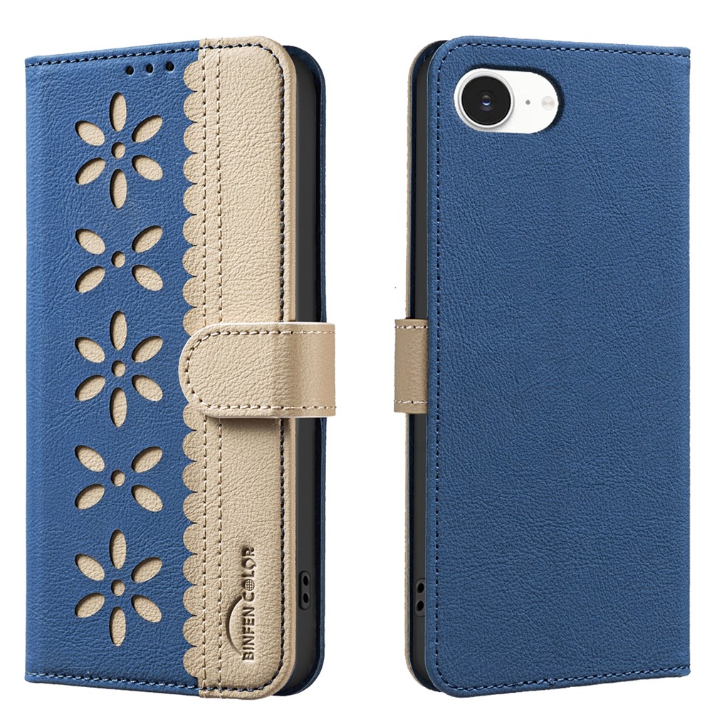 For iPhone 16e Leather Case BINFEN COLOR BF36 Floral Pattern Phone Cover RFID Blocking Wallet Stand - Dark Blue