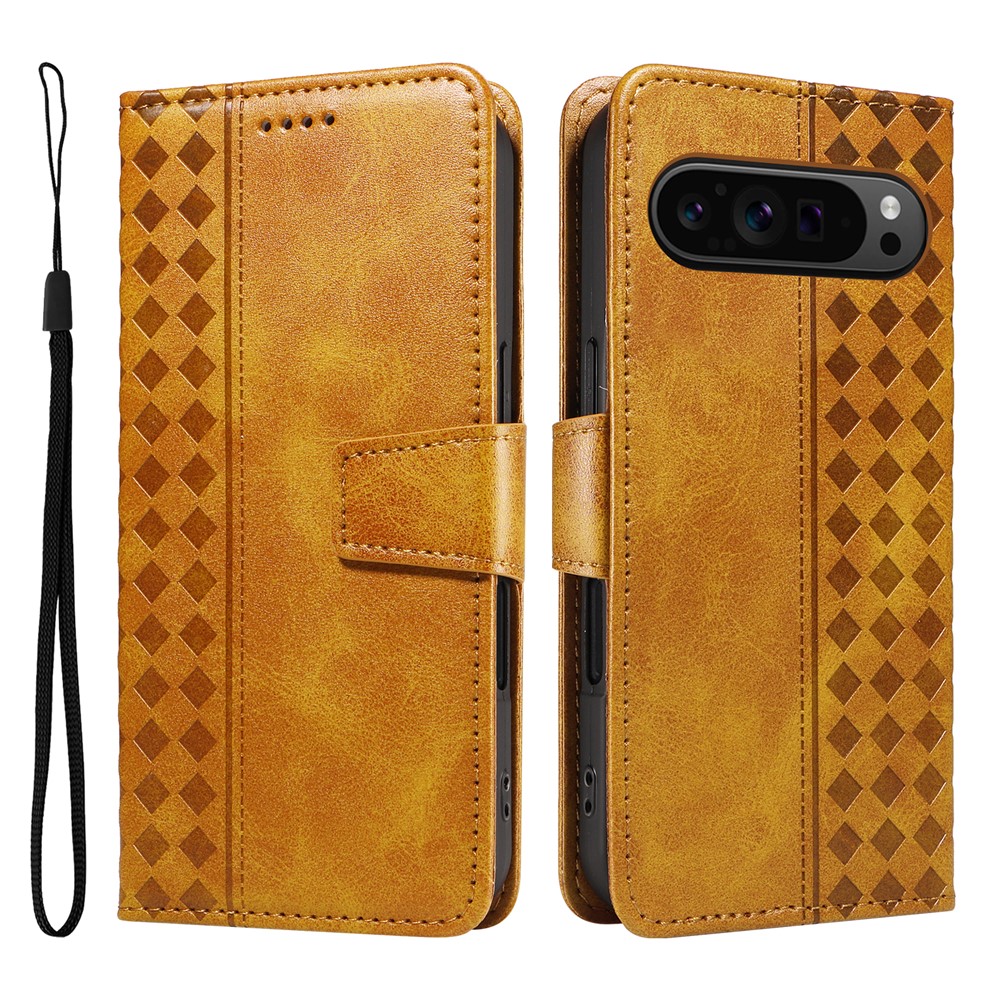 For Google Pixel 10 / Google Pixel 9 / Google Pixel 9 Pro / Google Pixel 10 Pro Leather Case Wallet Stand Grids Imprinted Phone Cover with Strap - Yellow