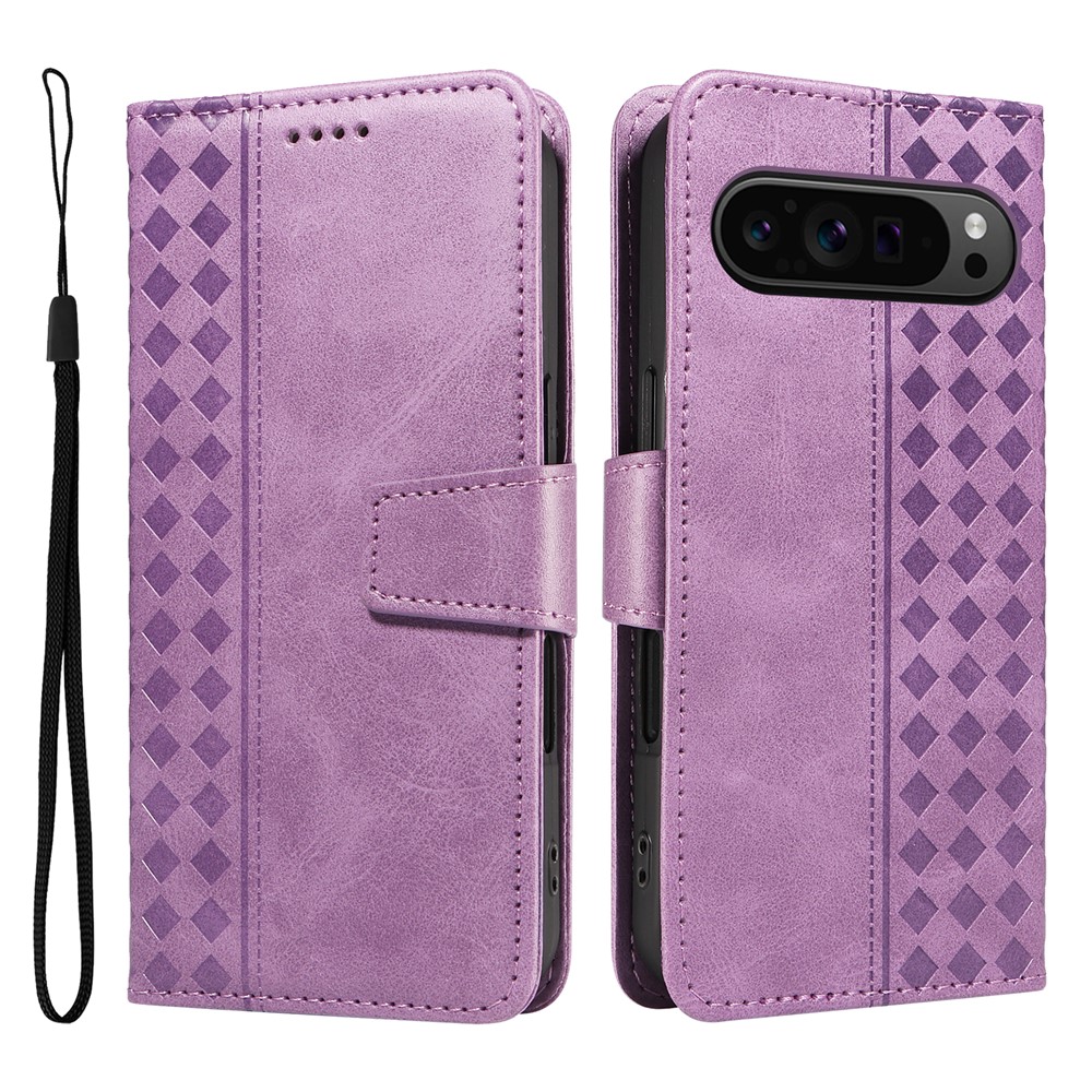 For Google Pixel 10 / Google Pixel 9 / Google Pixel 9 Pro / Google Pixel 10 Pro Leather Case Wallet Stand Grids Imprinted Phone Cover with Strap - Light Purple
