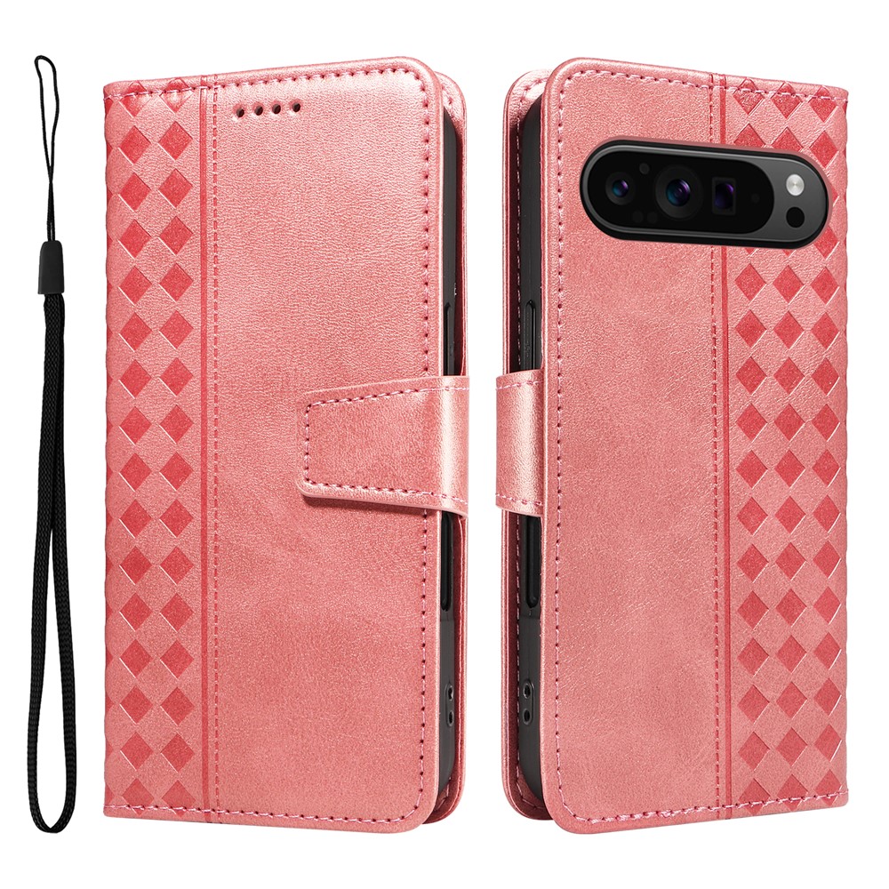 For Google Pixel 10 / Google Pixel 9 / Google Pixel 9 Pro / Google Pixel 10 Pro Leather Case Wallet Stand Grids Imprinted Phone Cover with Strap - Rose Gold