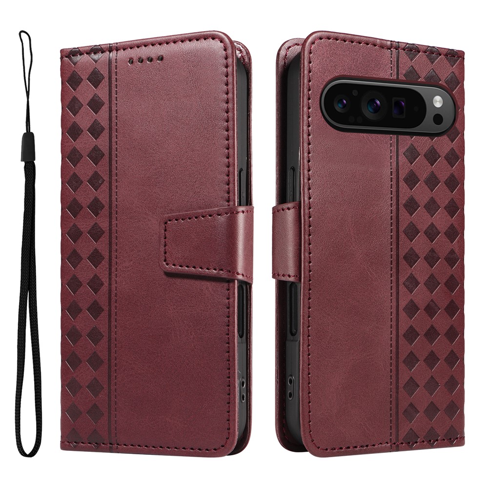 For Google Pixel 10 / Google Pixel 9 / Google Pixel 9 Pro / Google Pixel 10 Pro Leather Case Wallet Stand Grids Imprinted Phone Cover with Strap -  Wine Red