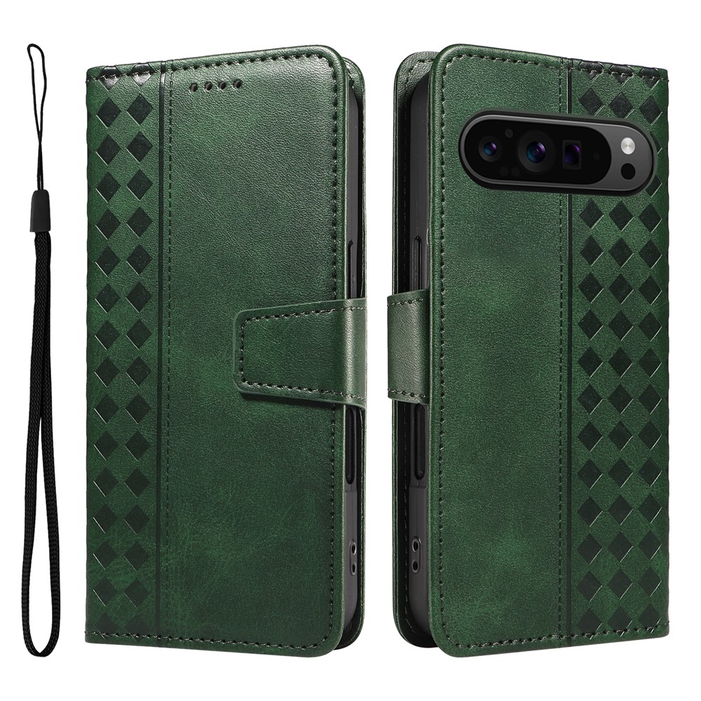For Google Pixel 10 / Google Pixel 9 / Google Pixel 9 Pro / Google Pixel 10 Pro Leather Case Wallet Stand Grids Imprinted Phone Cover with Strap - Green