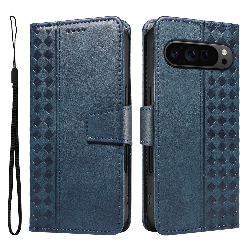 For Google Pixel 10 / Google Pixel 9 / Google Pixel 9 Pro / Google Pixel 10 Pro Leather Case Wallet Stand Grids Imprinted Phone Cover with Strap - Blue
