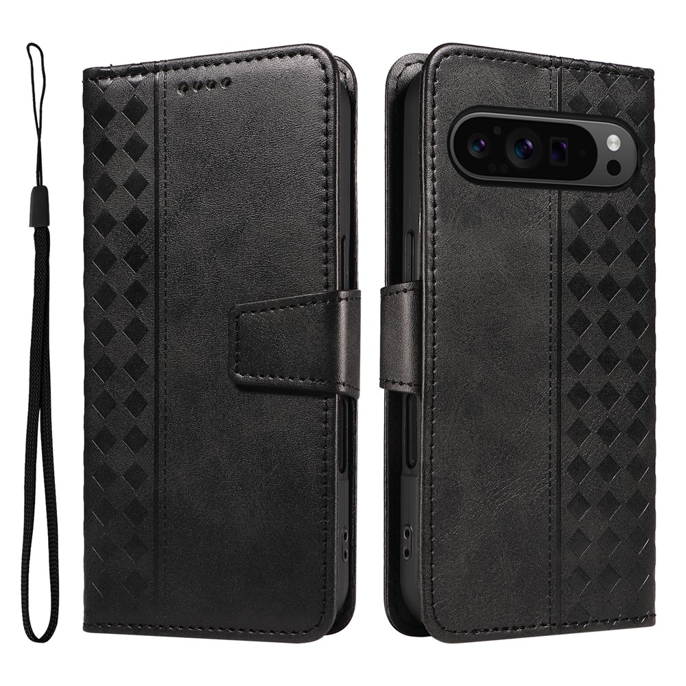 For Google Pixel 10 / Google Pixel 9 / Google Pixel 9 Pro / Google Pixel 10 Pro Leather Case Wallet Stand Grids Imprinted Phone Cover with Strap - Black