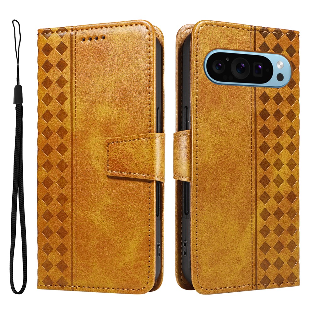 For Google Pixel 9 Pro XL / Google Pixel 10 Pro XL Leather Case Wallet Stand Grids Imprinted Phone Cover with Strap - Yellow