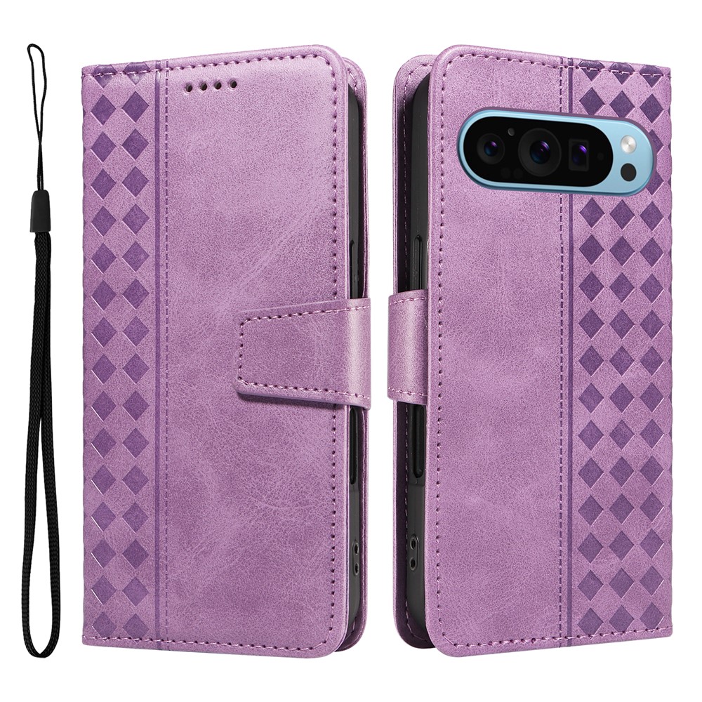 For Google Pixel 9 Pro XL / Google Pixel 10 Pro XL Leather Case Wallet Stand Grids Imprinted Phone Cover with Strap - Light Purple