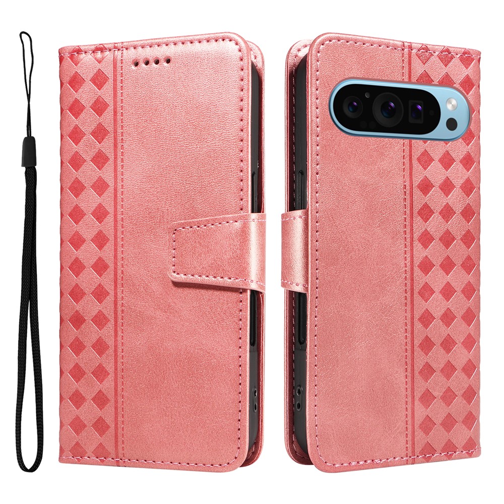 For Google Pixel 9 Pro XL / Google Pixel 10 Pro XL Leather Case Wallet Stand Grids Imprinted Phone Cover with Strap - Rose Gold