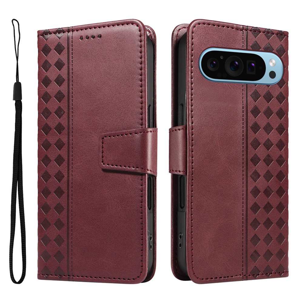 For Google Pixel 9 Pro XL / Google Pixel 10 Pro XL Leather Case Wallet Stand Grids Imprinted Phone Cover with Strap -  Wine Red