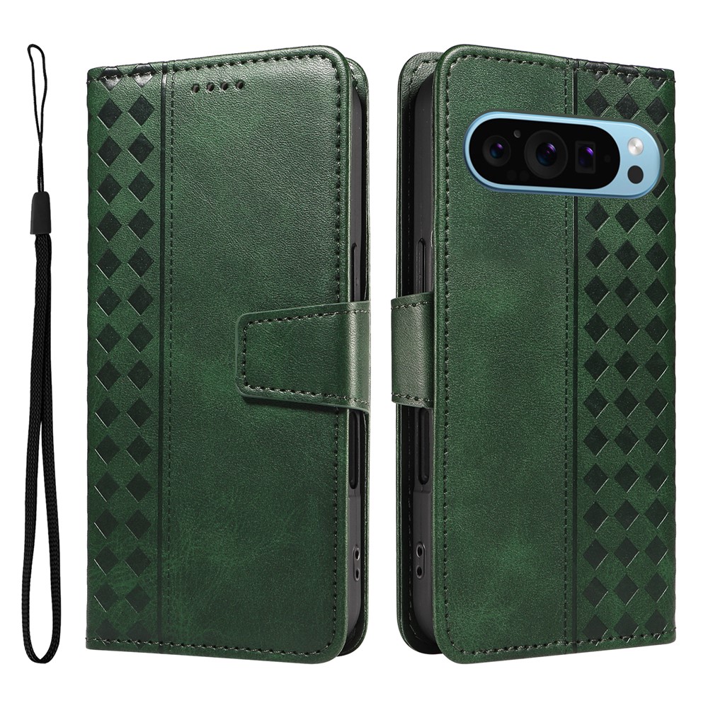 For Google Pixel 9 Pro XL / Google Pixel 10 Pro XL Leather Case Wallet Stand Grids Imprinted Phone Cover with Strap - Green