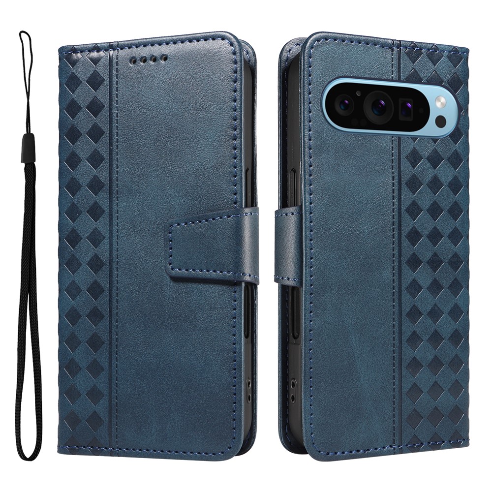 For Google Pixel 9 Pro XL / Google Pixel 10 Pro XL Leather Case Wallet Stand Grids Imprinted Phone Cover with Strap - Blue