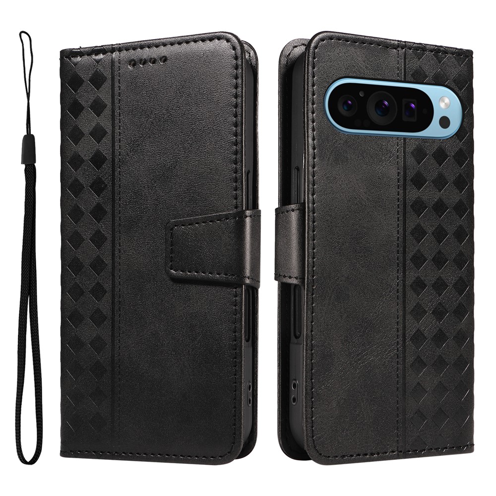 For Google Pixel 9 Pro XL / Google Pixel 10 Pro XL Leather Case Wallet Stand Grids Imprinted Phone Cover with Strap - Black