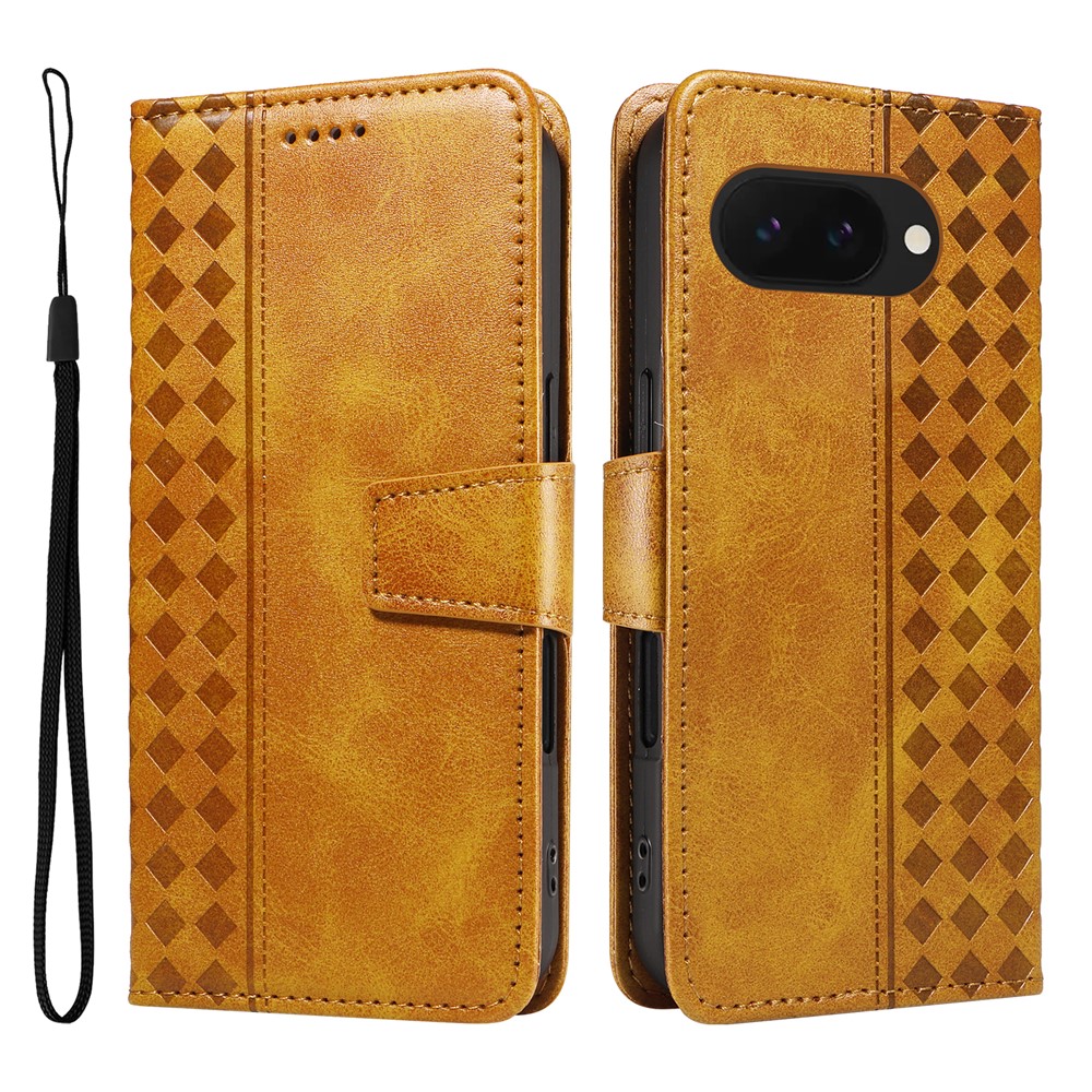 For Google Pixel 9a Leather Case Wallet Stand Grids Imprinted Phone Cover with Strap - Yellow
