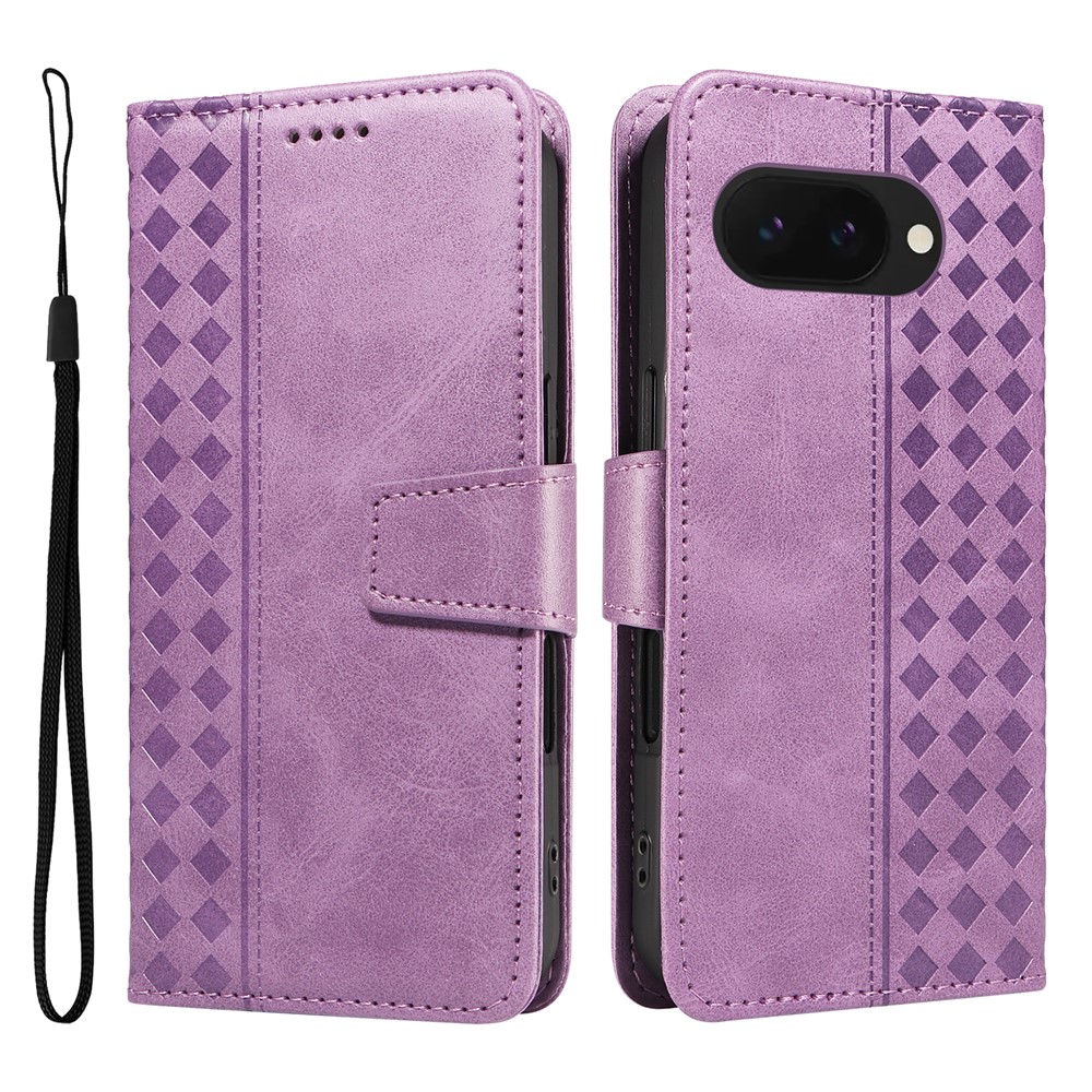 For Google Pixel 9a Leather Case Wallet Stand Grids Imprinted Phone Cover with Strap - Light Purple