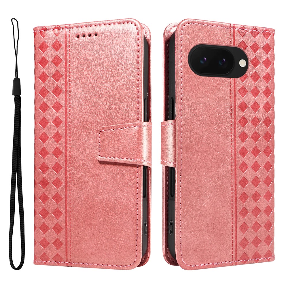 For Google Pixel 9a Leather Case Wallet Stand Grids Imprinted Phone Cover with Strap - Rose Gold