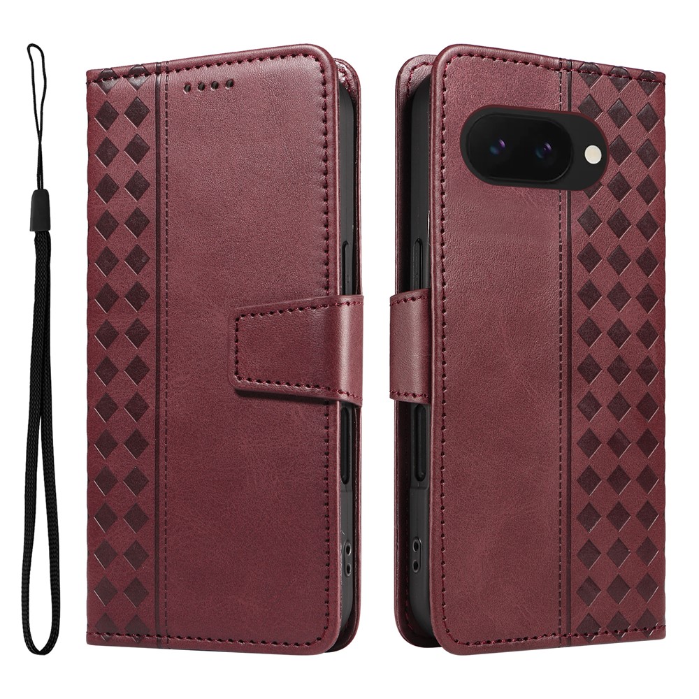 For Google Pixel 9a Leather Case Wallet Stand Grids Imprinted Phone Cover with Strap -  Wine Red