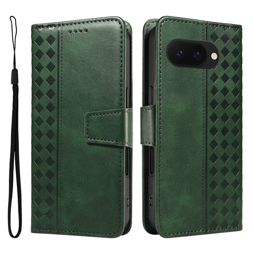 For Google Pixel 9a Leather Case Wallet Stand Grids Imprinted Phone Cover with Strap - Green
