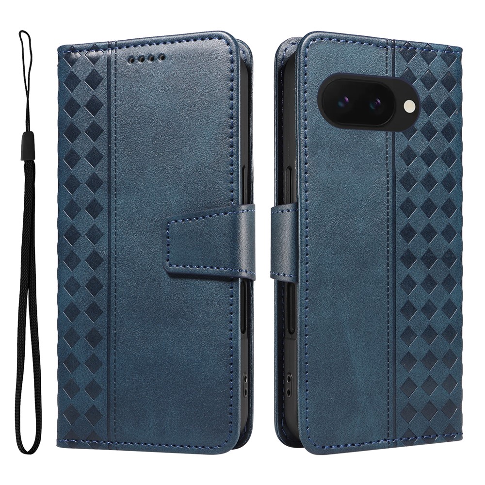 For Google Pixel 9a Leather Case Wallet Stand Grids Imprinted Phone Cover with Strap - Blue