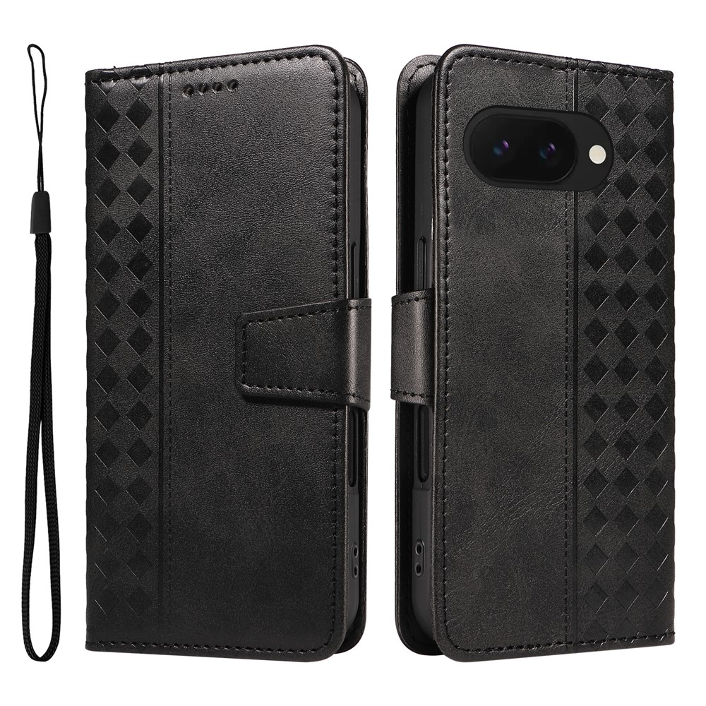 For Google Pixel 9a Leather Case Wallet Stand Grids Imprinted Phone Cover with Strap - Black