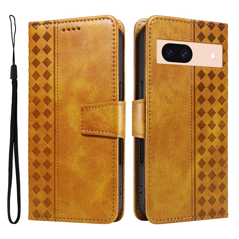 For Google Pixel 8a Leather Case Wallet Stand Grids Imprinted Phone Cover with Strap - Yellow