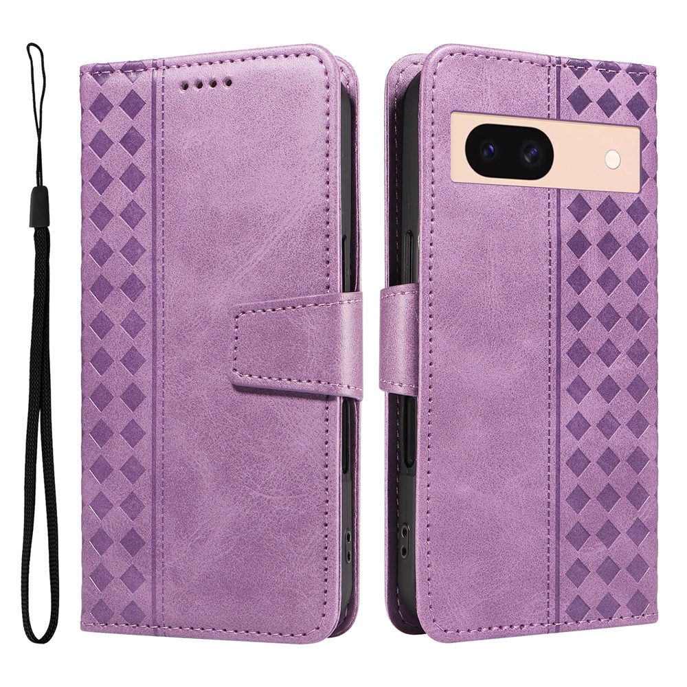 For Google Pixel 8a Leather Case Wallet Stand Grids Imprinted Phone Cover with Strap - Light Purple