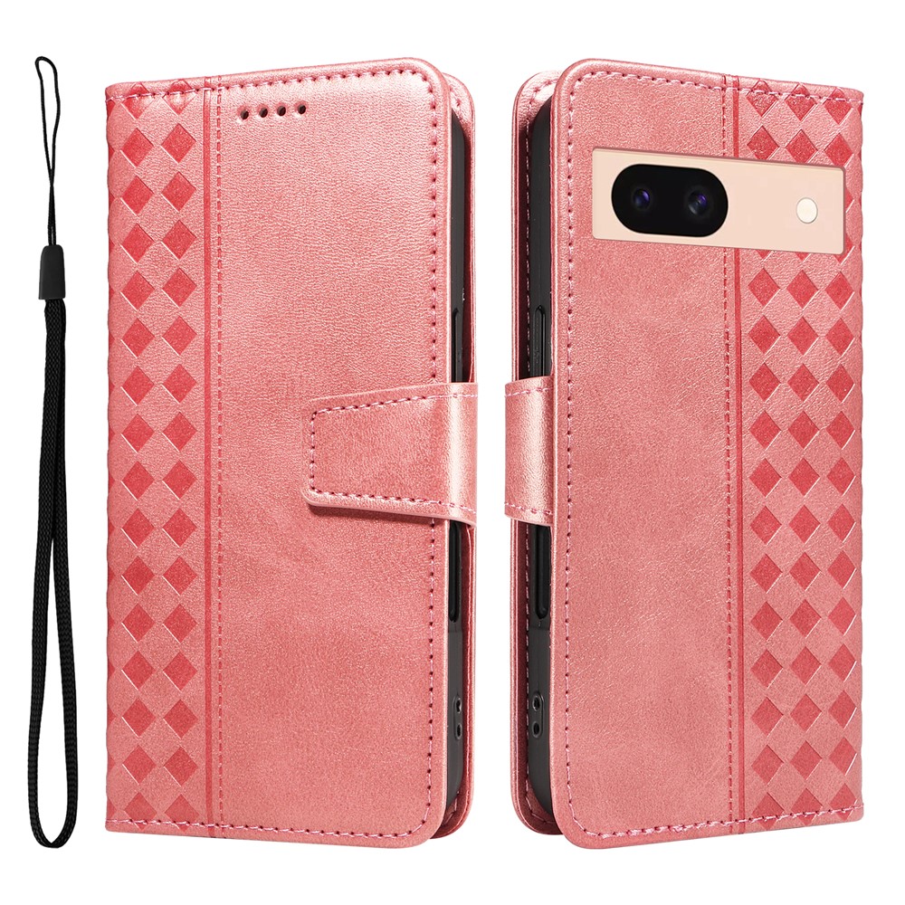 For Google Pixel 8a Leather Case Wallet Stand Grids Imprinted Phone Cover with Strap - Rose Gold