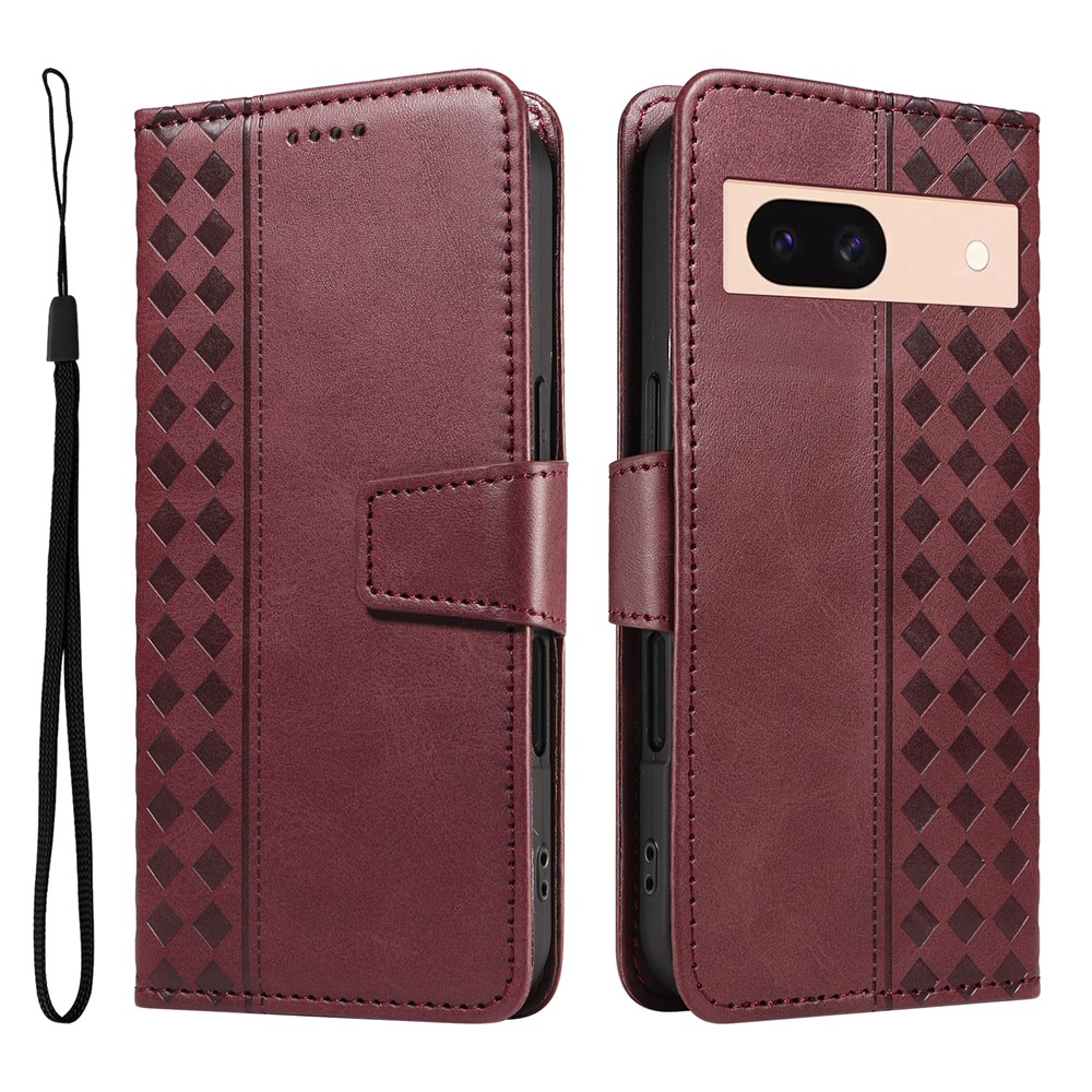 For Google Pixel 8a Leather Case Wallet Stand Grids Imprinted Phone Cover with Strap -  Wine Red