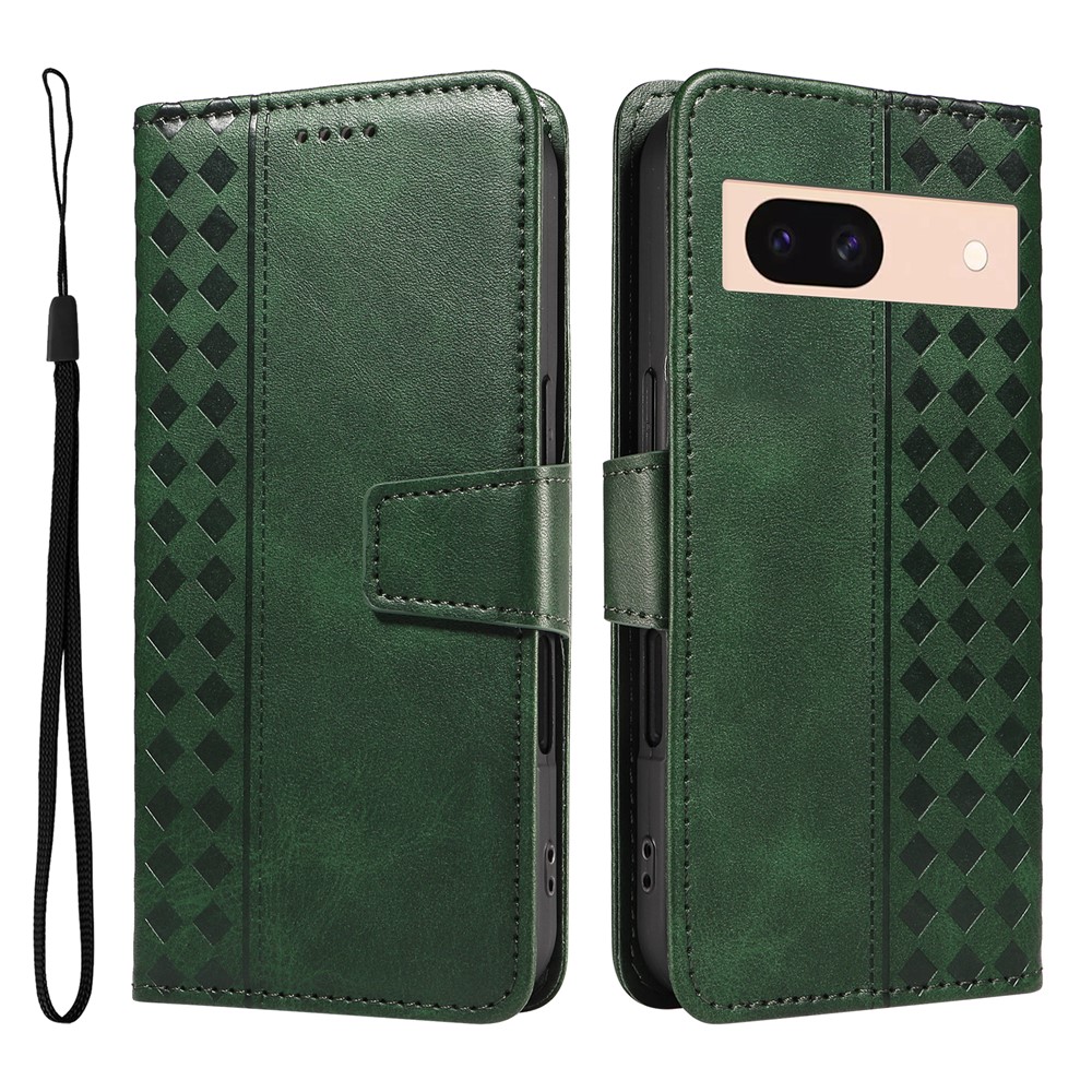 For Google Pixel 8a Leather Case Wallet Stand Grids Imprinted Phone Cover with Strap - Green