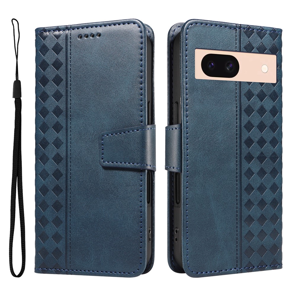 For Google Pixel 8a Leather Case Wallet Stand Grids Imprinted Phone Cover with Strap - Blue