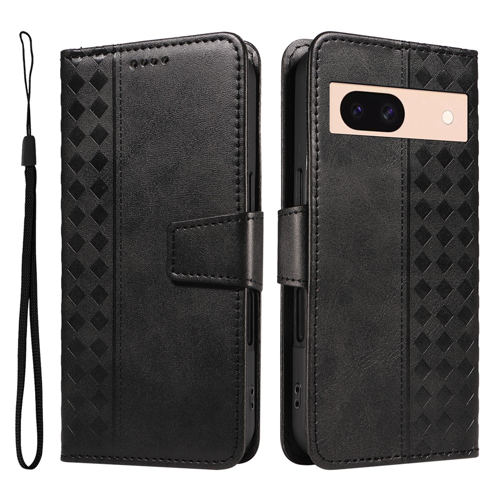 For Google Pixel 8a Leather Case Wallet Stand Grids Imprinted Phone Cover with Strap - Black
