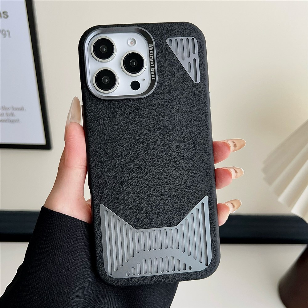 For iPhone 16 Pro Max Magnetic Case PU Leather Aluminium Alloy Heat Dissipation Phone Back Cover - Black
