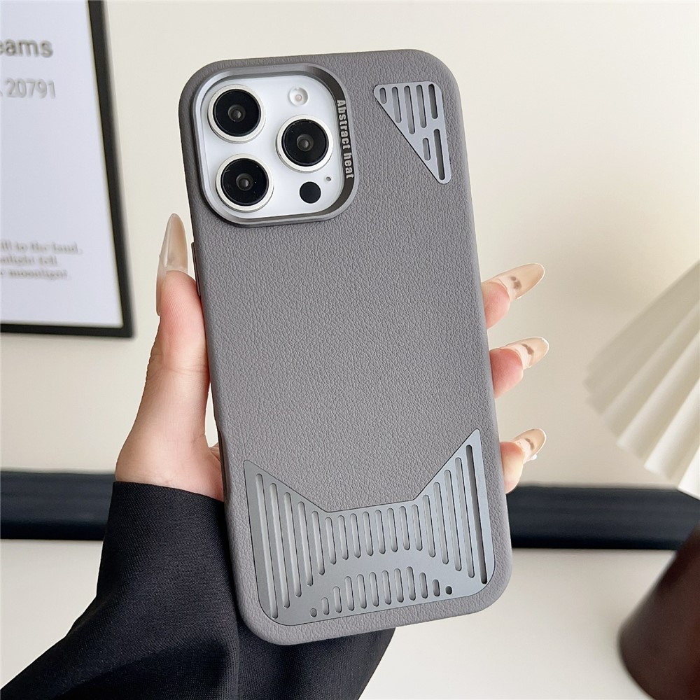 For iPhone 16 Pro Max Magnetic Case PU Leather Aluminium Alloy Heat Dissipation Phone Back Cover - Grey