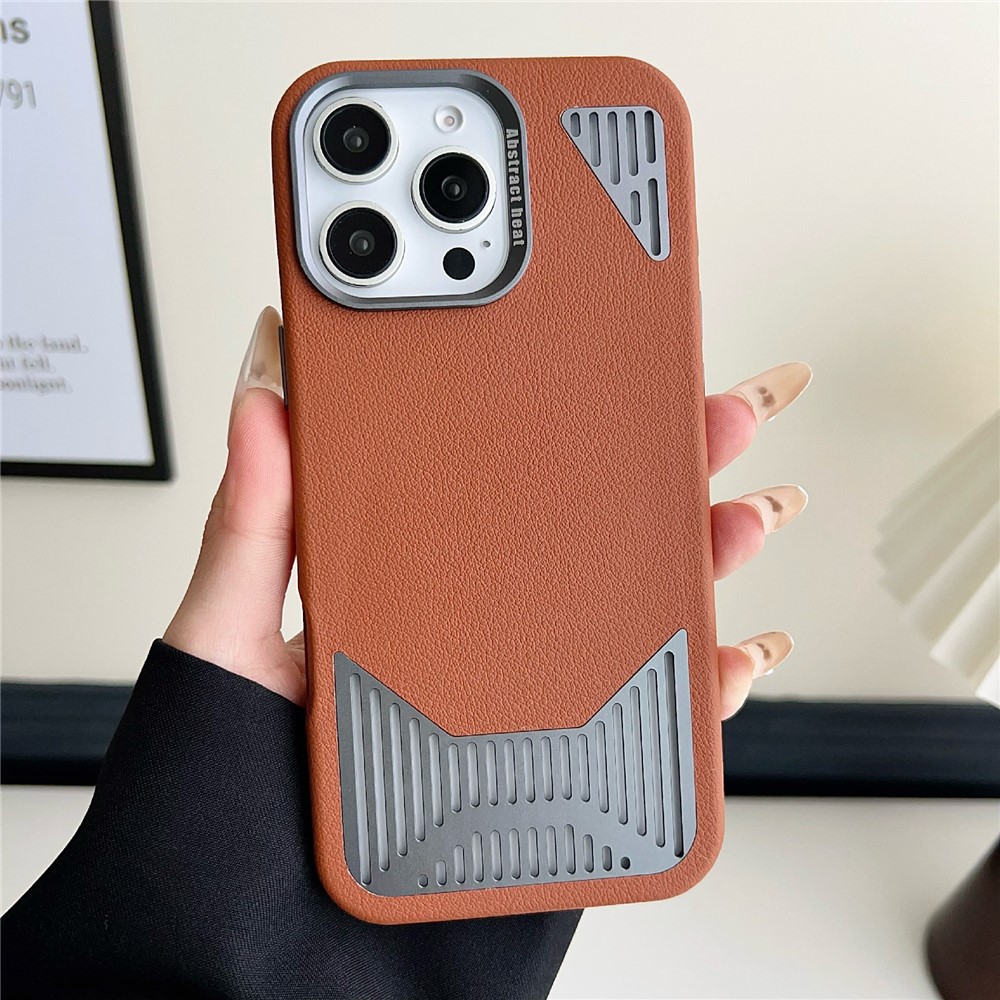 For iPhone 16 Pro Max Magnetic Case PU Leather Aluminium Alloy Heat Dissipation Phone Back Cover - Brown