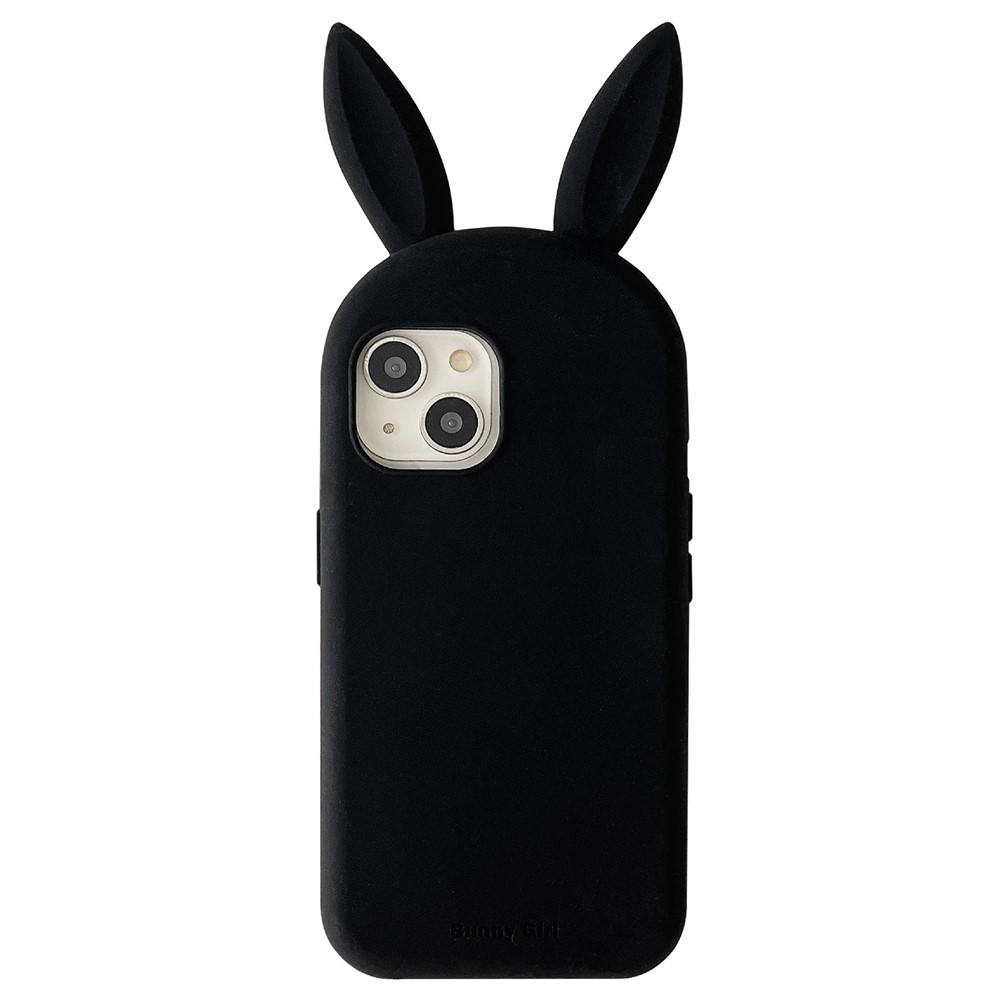 For iPhone 15 Silicone Case Cute Rabbit Ear Design Shockproof Phone Back Cover - Black