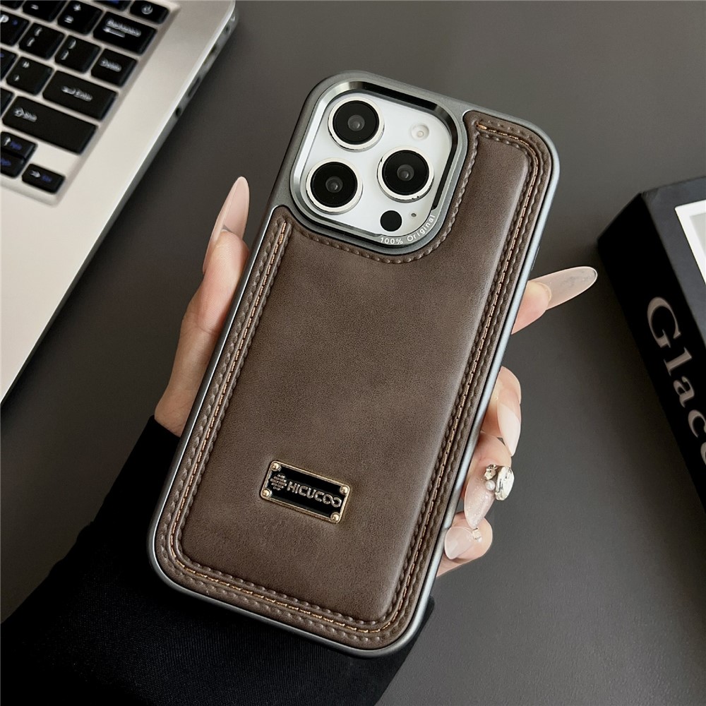 For iPhone 16 Pro Max Case PC + PU Leather Shockproof Phone Back Cover - Coffee