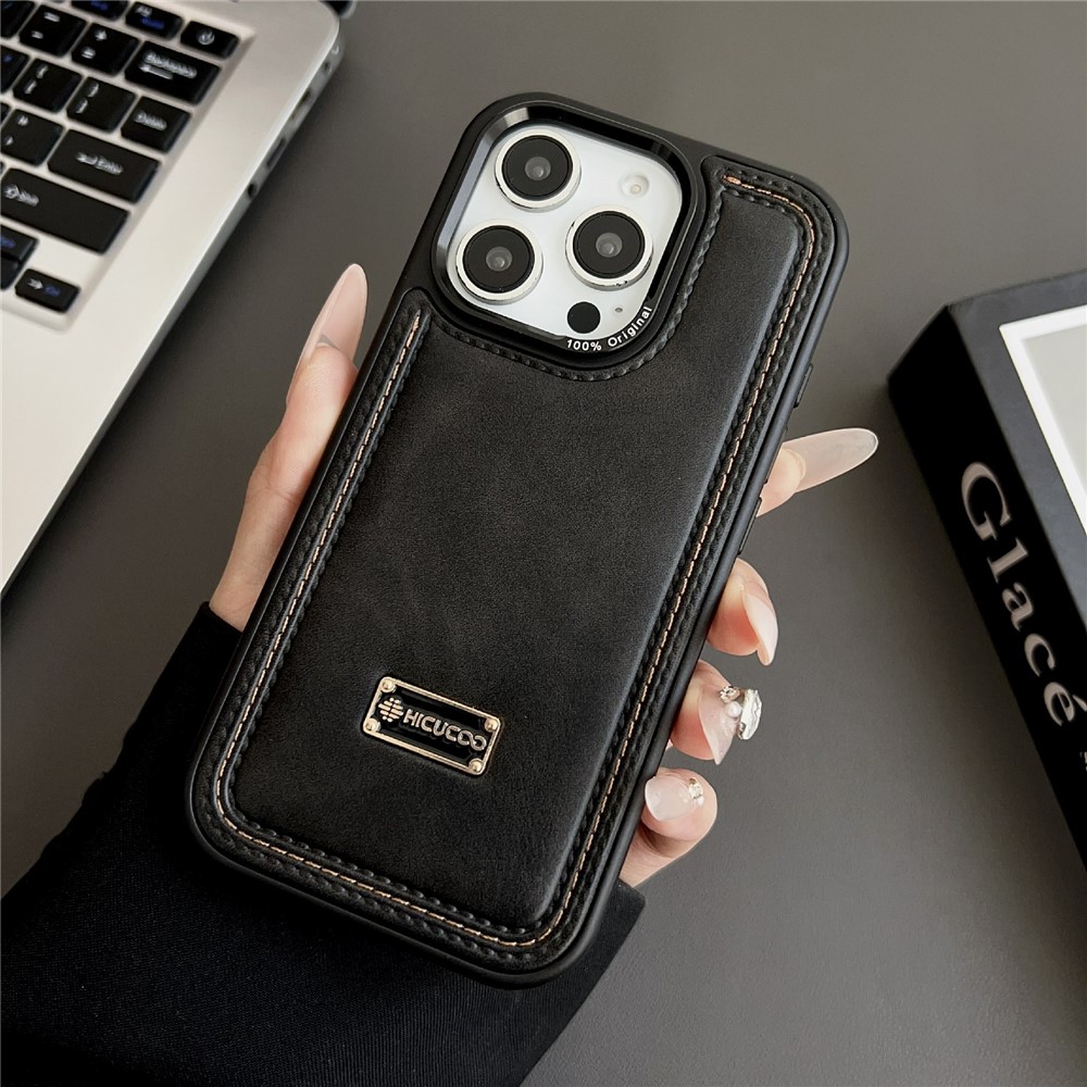 For iPhone 16 Pro Max Case PC + PU Leather Shockproof Phone Back Cover - Black