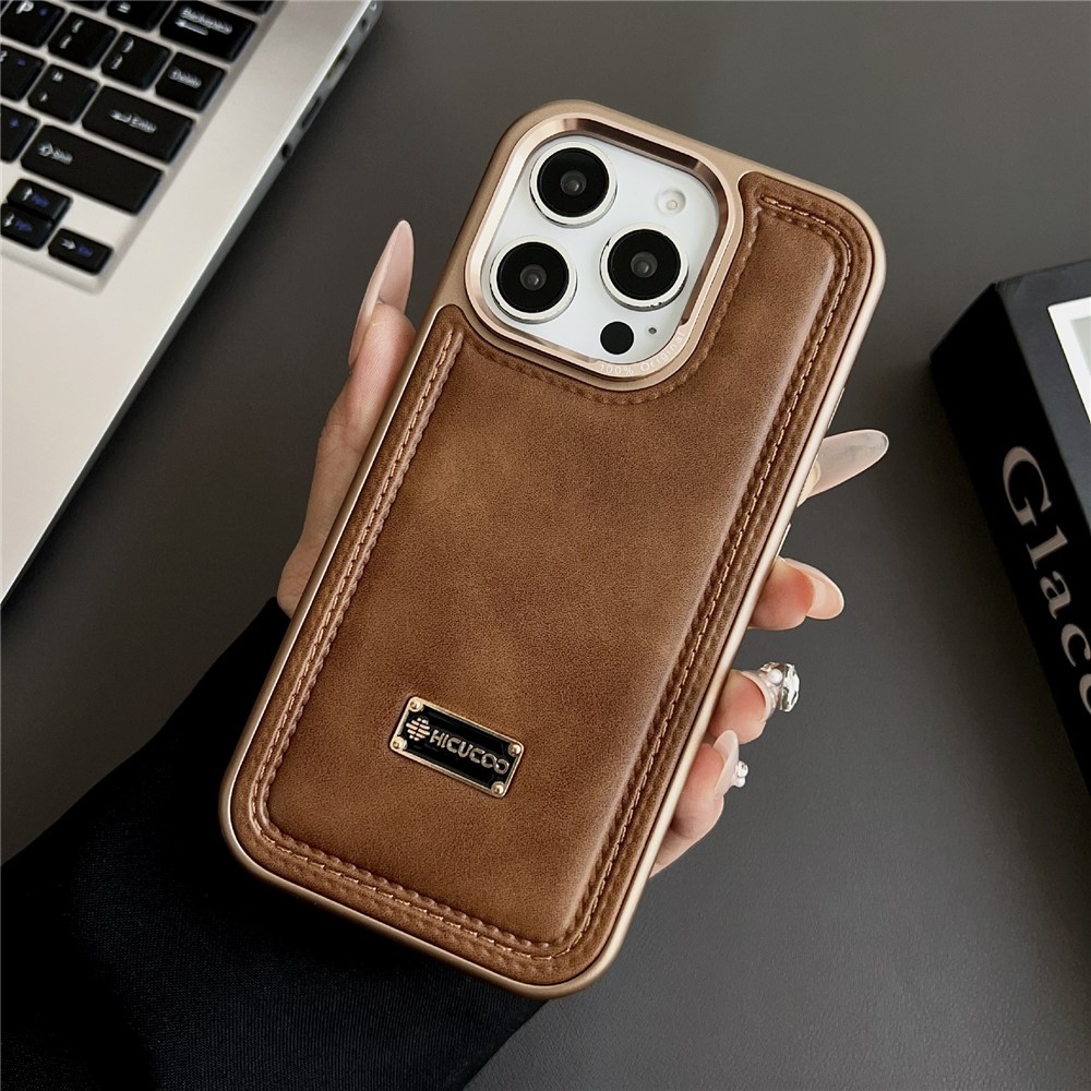For iPhone 16 Pro Max Case PC + PU Leather Shockproof Phone Back Cover - Brown