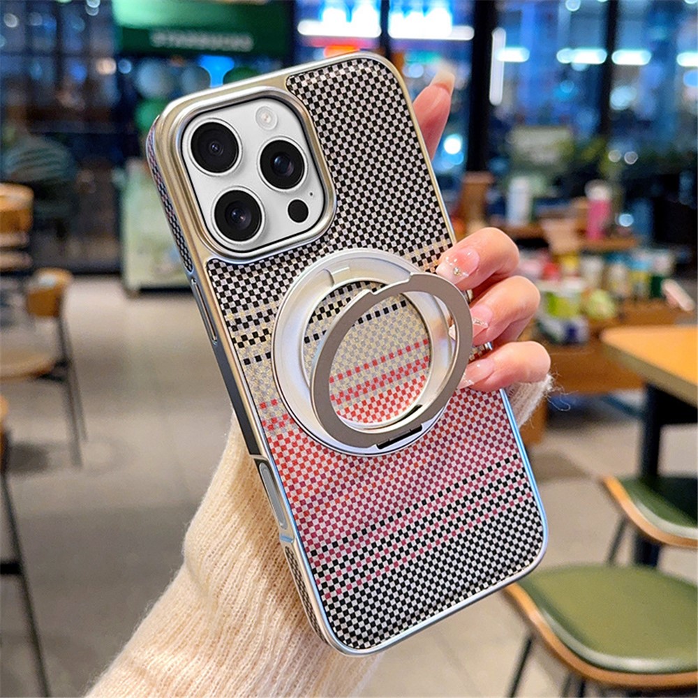 For iPhone 16 Pro Max Magnetic Case Kickstand Electroplated PC + PU Leather Phone Back Cover - Silver