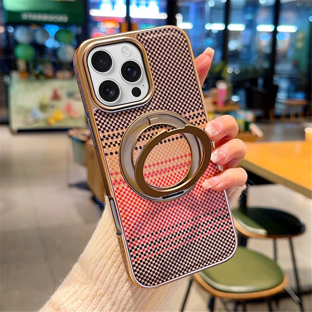 For iPhone 16 Pro Max Magnetic Case Kickstand Electroplated PC + PU Leather Phone Back Cover - Brown