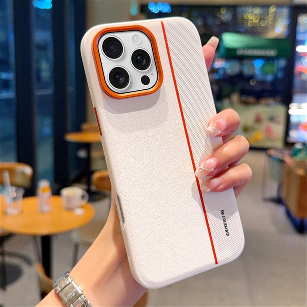 For iPhone 16 Pro Max Case Splicing PC + PU Leather Phone Back Cover with Metal Lens Ring  /  Buttons - White