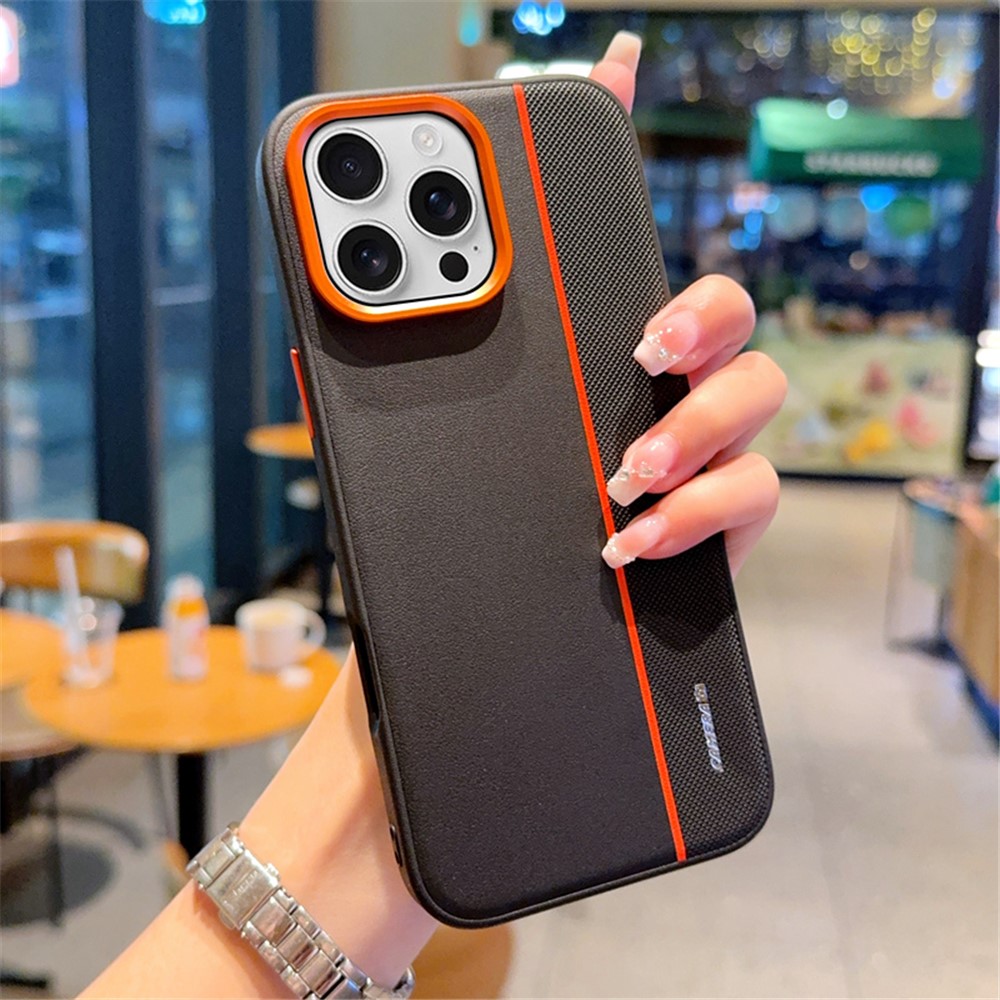 For iPhone 16 Pro Max Case Splicing PC + PU Leather Phone Back Cover with Metal Lens Ring  /  Buttons - Black