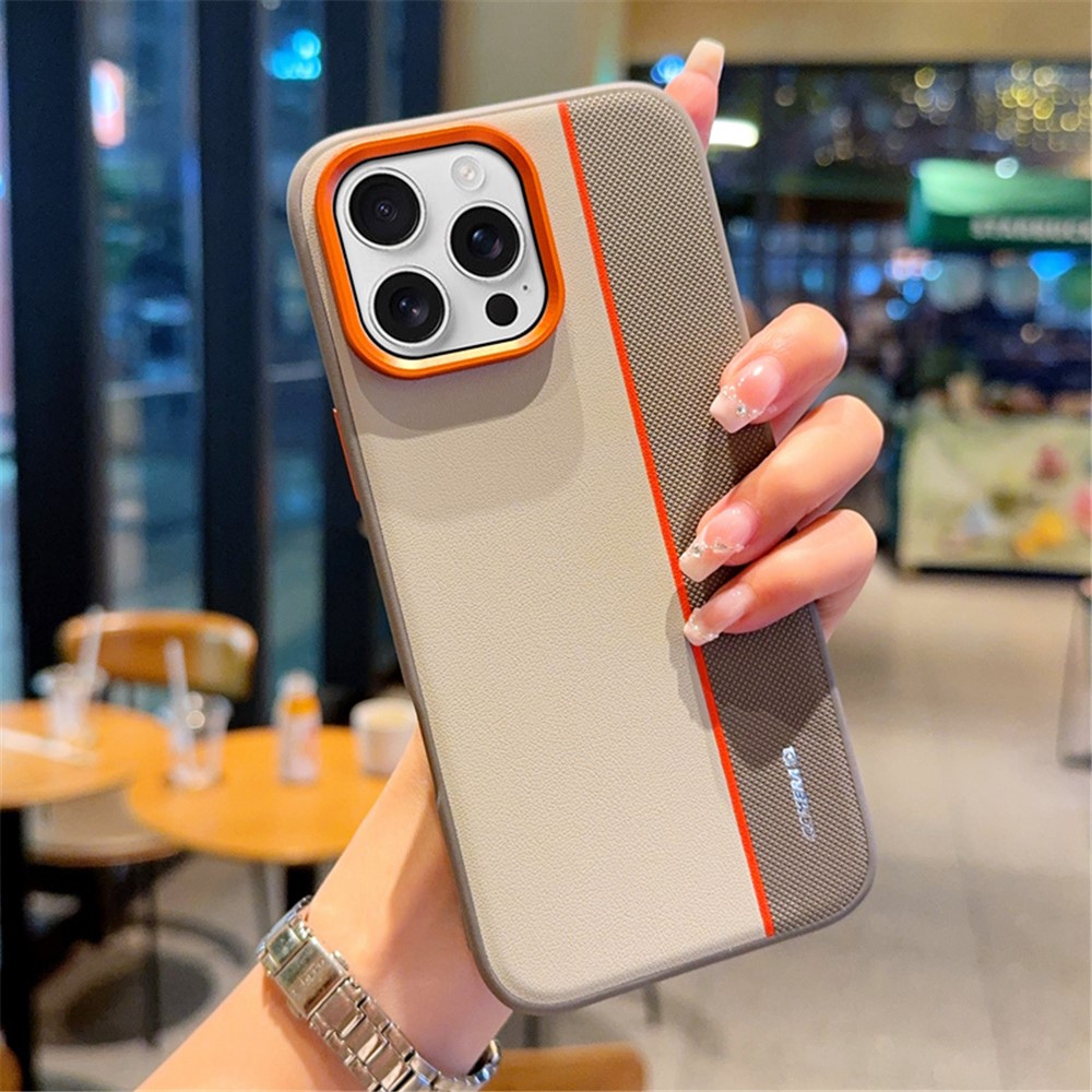 For iPhone 16 Pro Max Case Splicing PC + PU Leather Phone Back Cover with Metal Lens Ring  /  Buttons - Grey