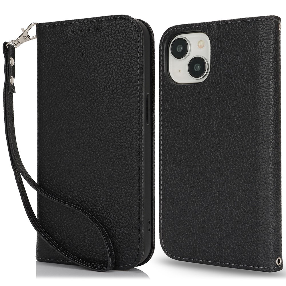 Stand Case for iPhone 14 / 13 Litchi Texture Leather Flip Phone Cover with Strap  /  Wallet - Black