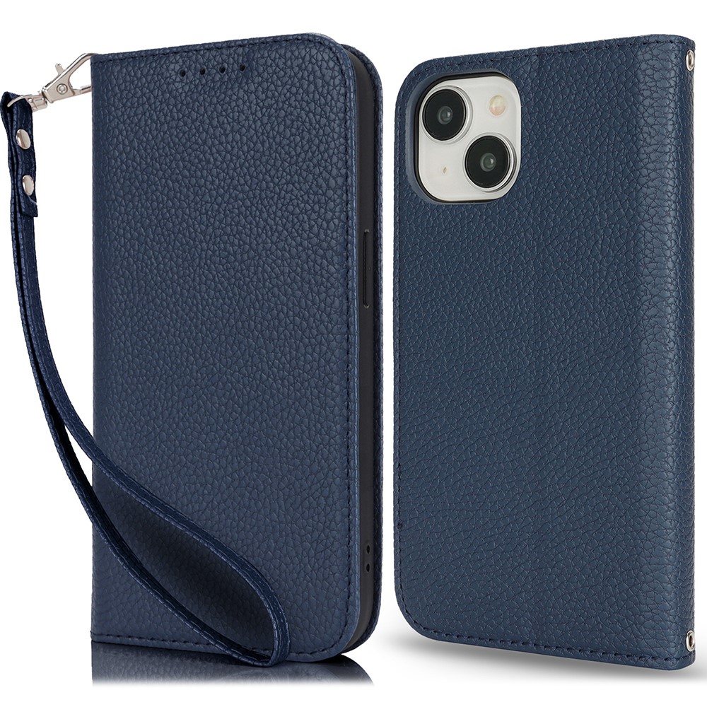 Stand Case for iPhone 14 / 13 Litchi Texture Leather Flip Phone Cover with Strap  /  Wallet - Blue