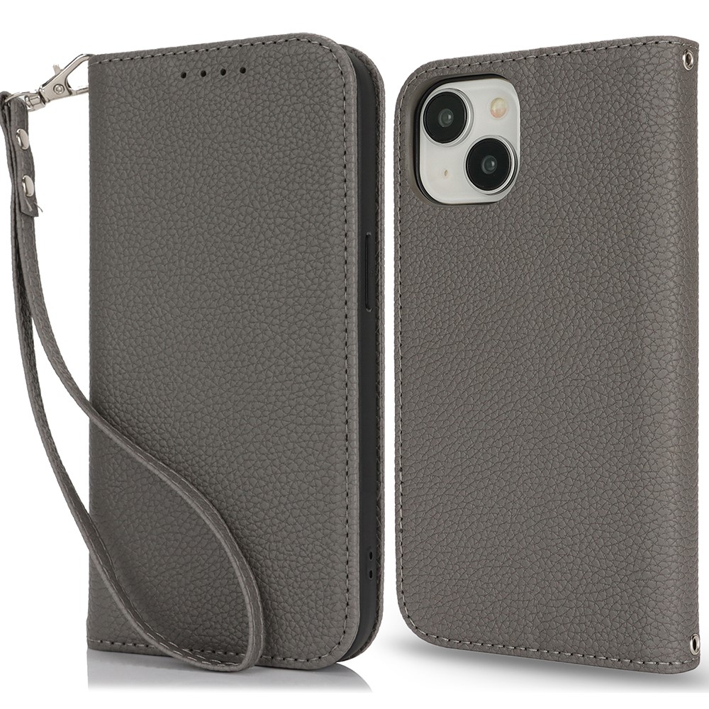 Stand Case for iPhone 14 / 13 Litchi Texture Leather Flip Phone Cover with Strap  /  Wallet - Grey