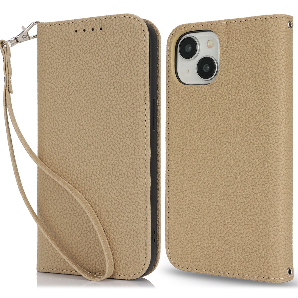 Stand Case for iPhone 14 / 13 Litchi Texture Leather Flip Phone Cover with Strap  /  Wallet - Light Brown