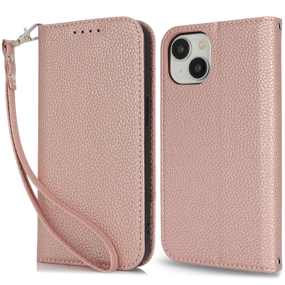Stand Case for iPhone 14 / 13 Litchi Texture Leather Flip Phone Cover with Strap  /  Wallet - Rose Gold