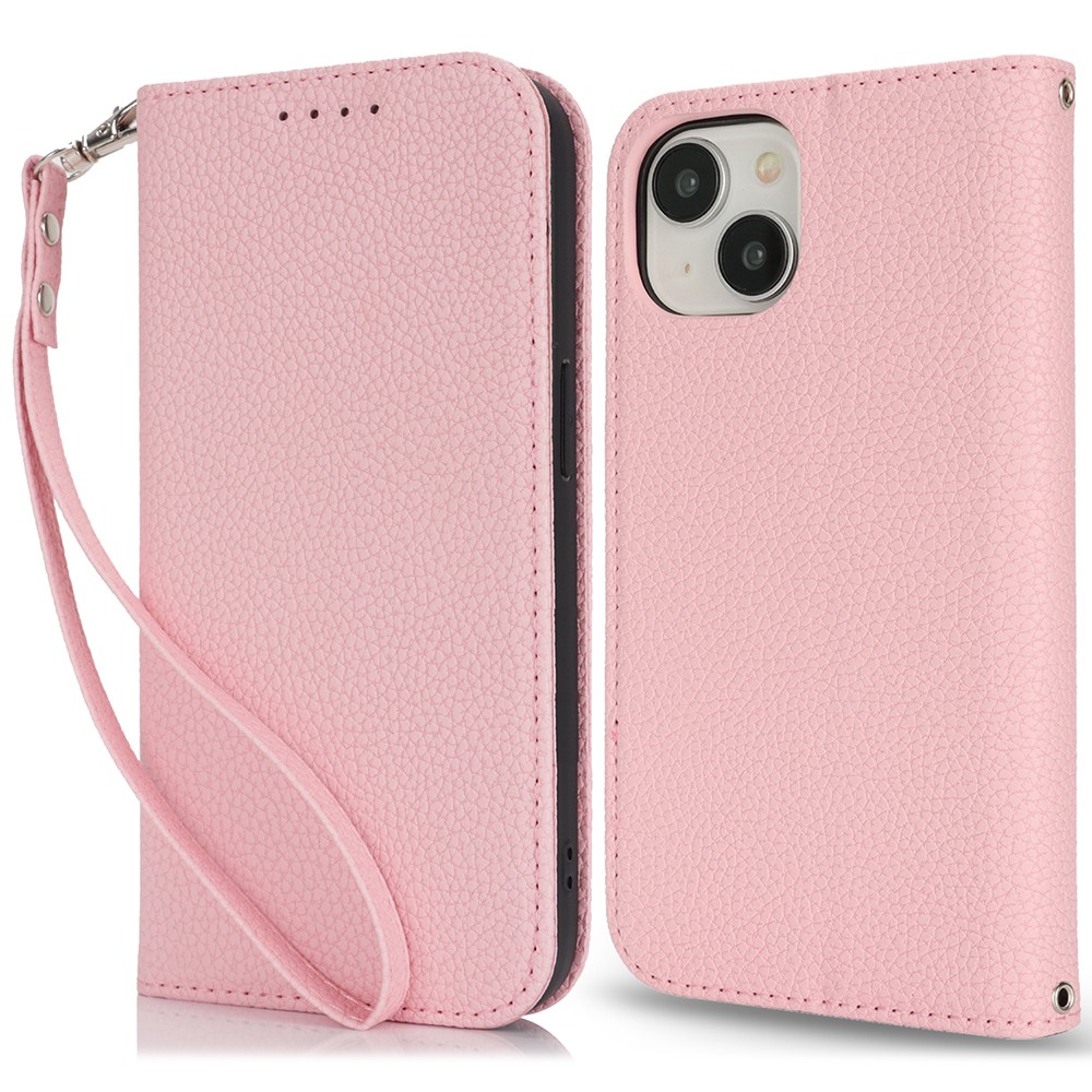 Stand Case for iPhone 14 / 13 Litchi Texture Leather Flip Phone Cover with Strap / Wallet - Pink