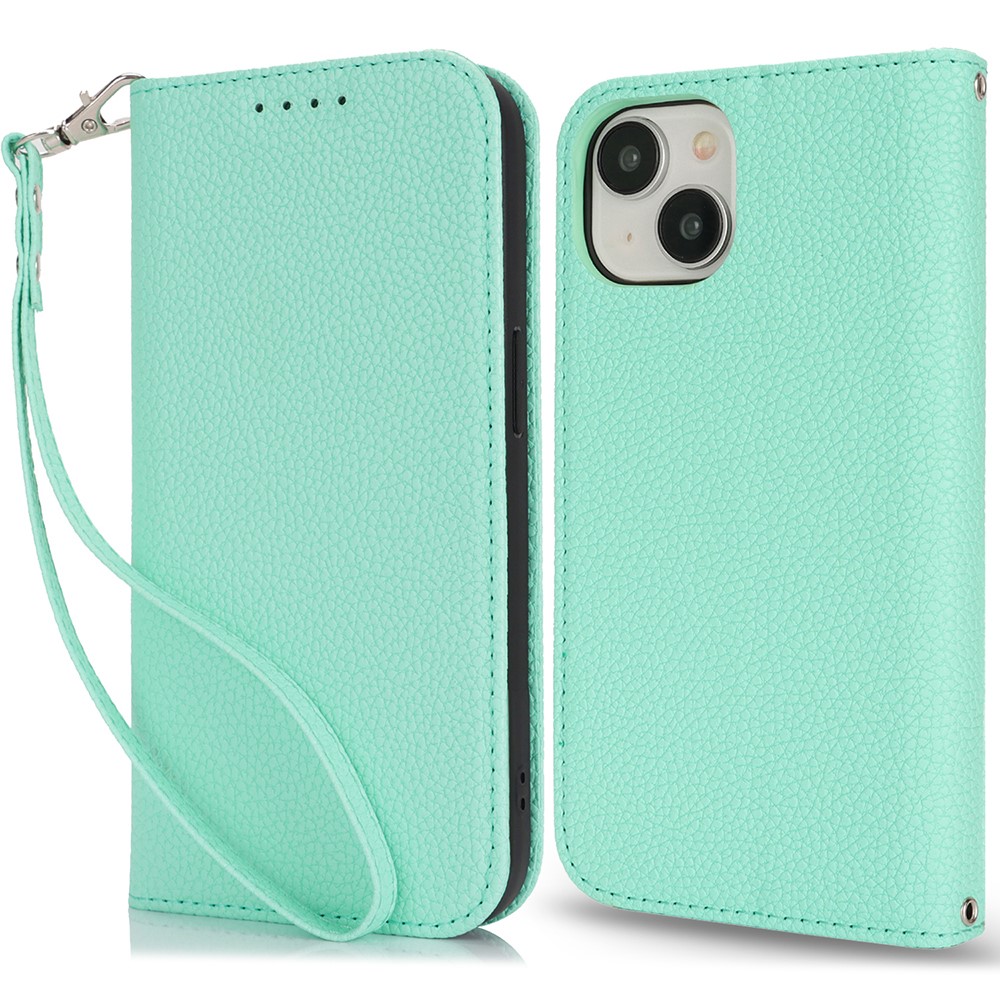 Stand Case for iPhone 14 / 13 Litchi Texture Leather Flip Phone Cover with Strap / Wallet - Mint Green