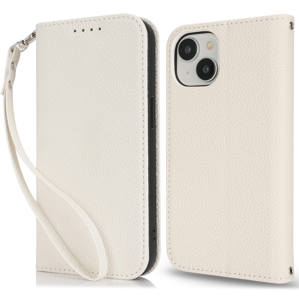 Stand Case for iPhone 14 / 13 Litchi Texture Leather Flip Phone Cover with Strap / Wallet - White